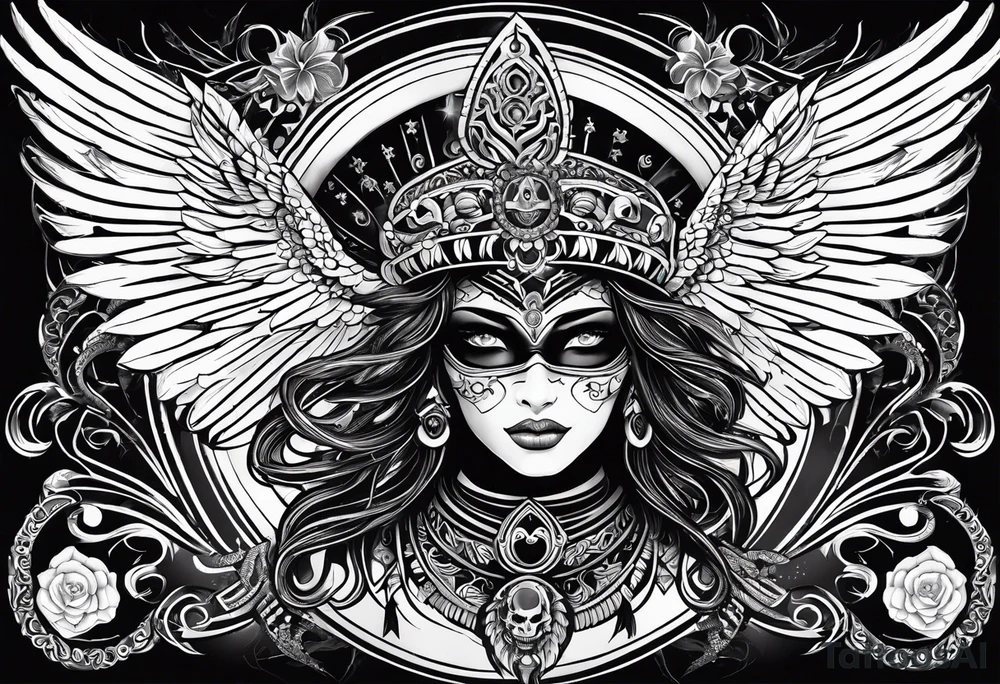 black kali, goddess pirate, alien, pachamama, valkrye, warrior, skull, lotus azul, wing, eagle, zenza resonance, stars, 5D tattoo idea