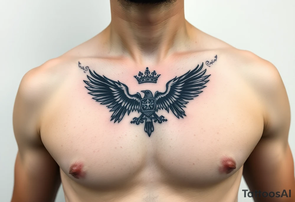 Chest tattoo, two ravens and icelandic symbols, dark brest tattoo, crown betwen ravens tattoo idea