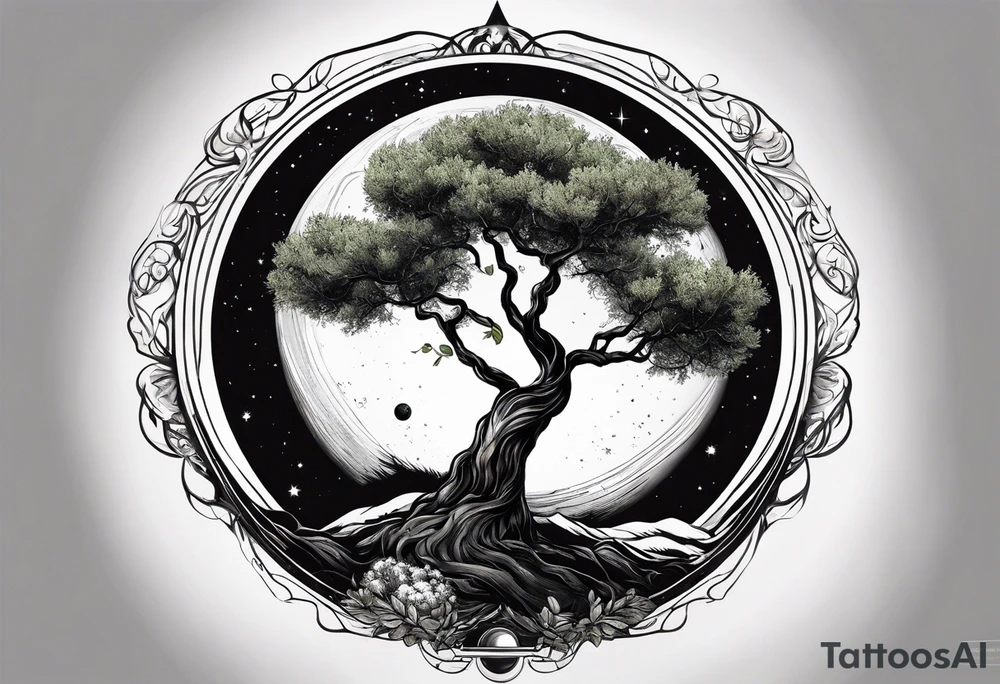 An olive tree in a black hole  with a small Saturn-like planet in in the background. tattoo idea