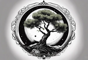 An olive tree in a black hole  with a small Saturn-like planet in in the background. tattoo idea