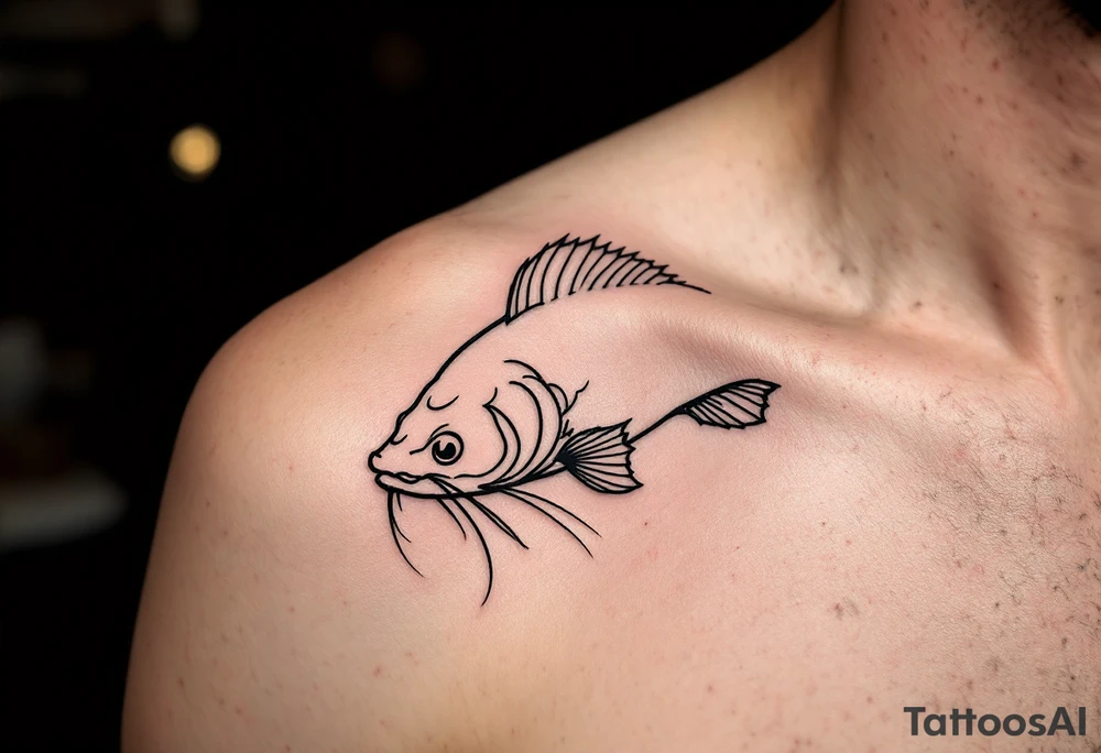 Minimalist Catfish Outline – A clean, single-line tattoo in black ink, with a subtly stylized head and whiskers, emphasizing flow and motion. tattoo idea