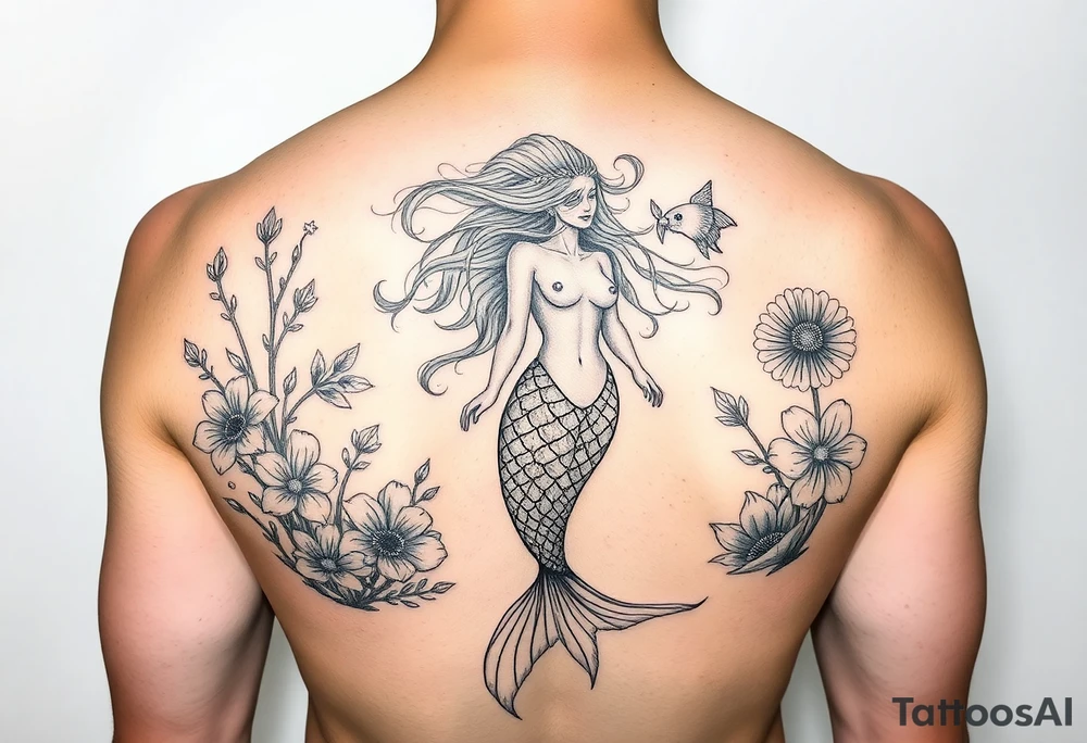 ethereal mermaid with flowing hair among coral and sea flowers tattoo idea