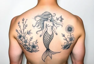 ethereal mermaid with flowing hair among coral and sea flowers tattoo idea