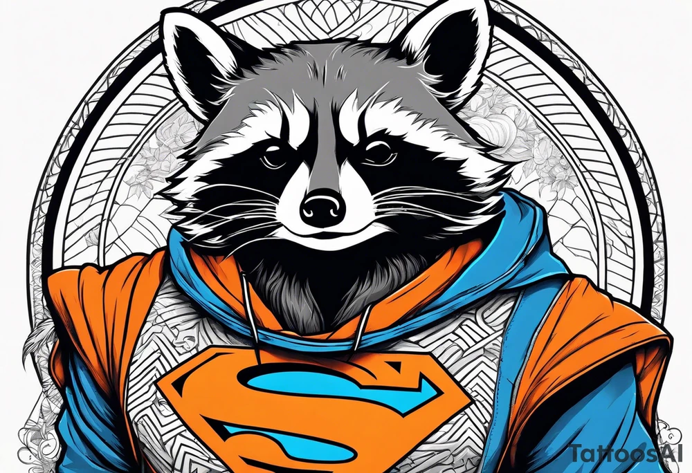 Raccoon wearing an orange Superman hoodie tattoo idea