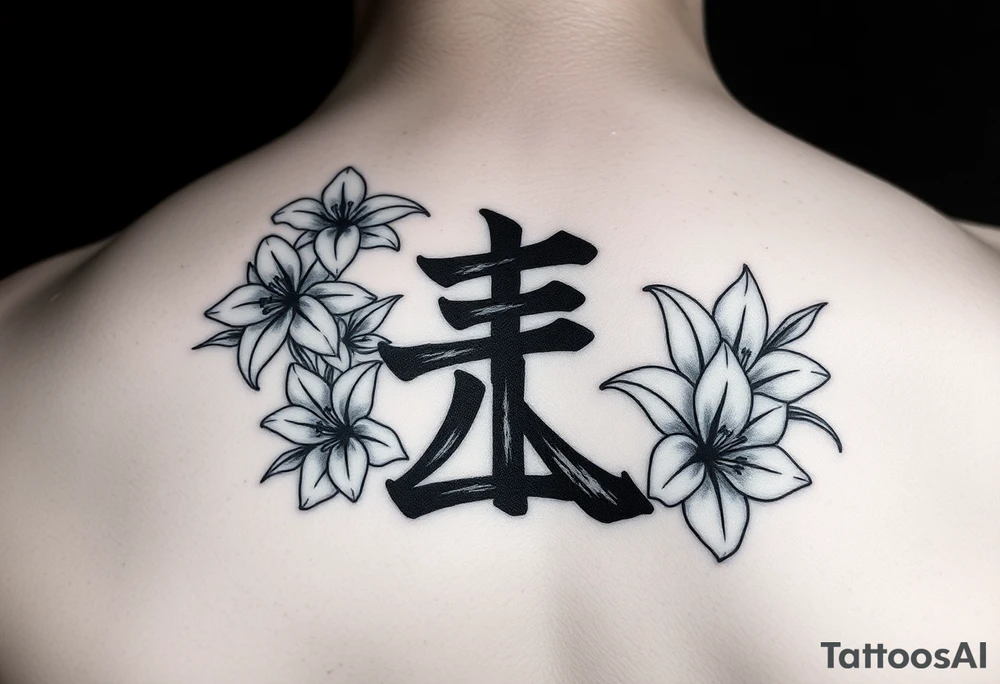 japanese letter meaning sonder with lilies around it tattoo idea
