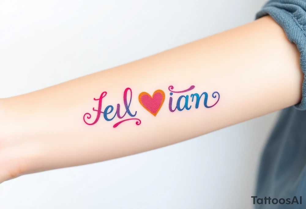 Bright colored ambigram words tattoo idea