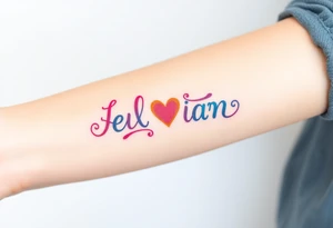 Bright colored ambigram words tattoo idea