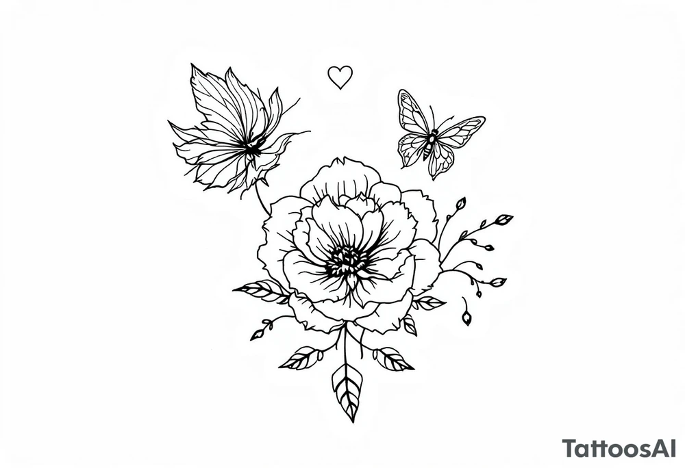 Flowers, heart and buttherfly with name Zackary and Charlie tattoo idea