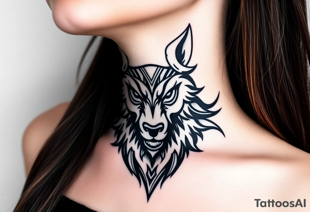 Big bad wolf nursery rhyme wearing a sheep costume with sheep head hood to kill and eat the three little pigs and little red riding hood tattoo idea