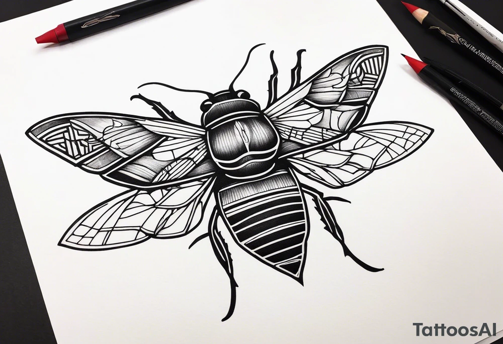 cicada on top of red geometric tattoo idea