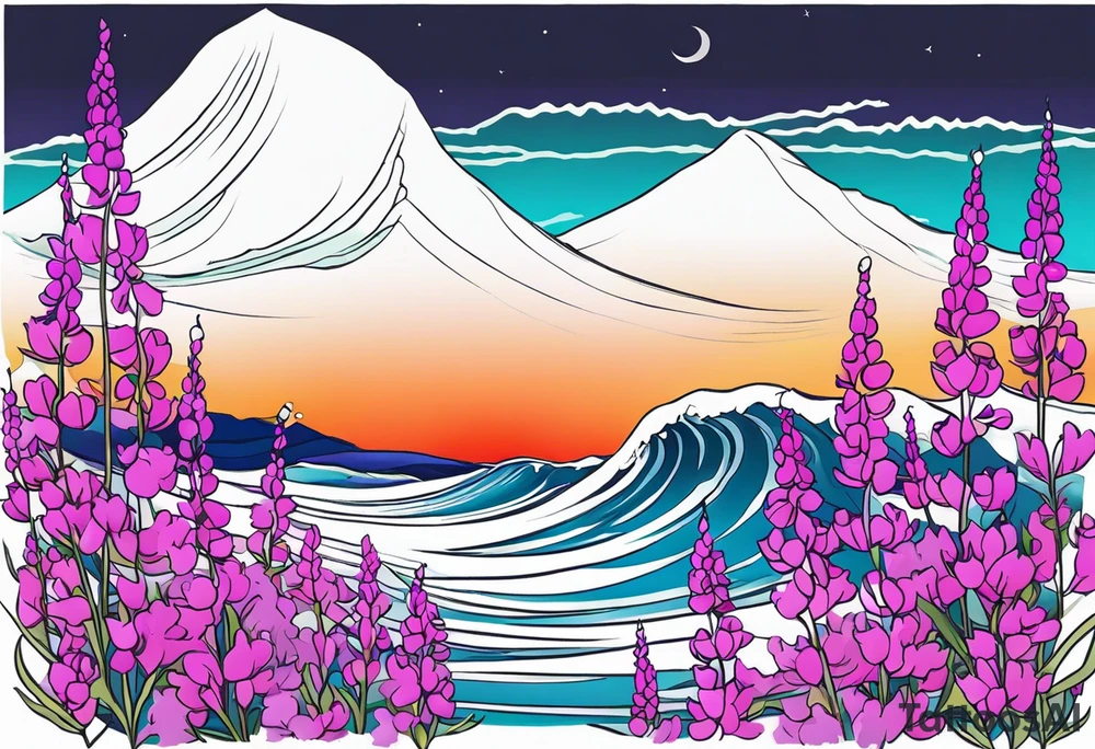 ocean wave with lupine and fireweed. no mountains tattoo idea