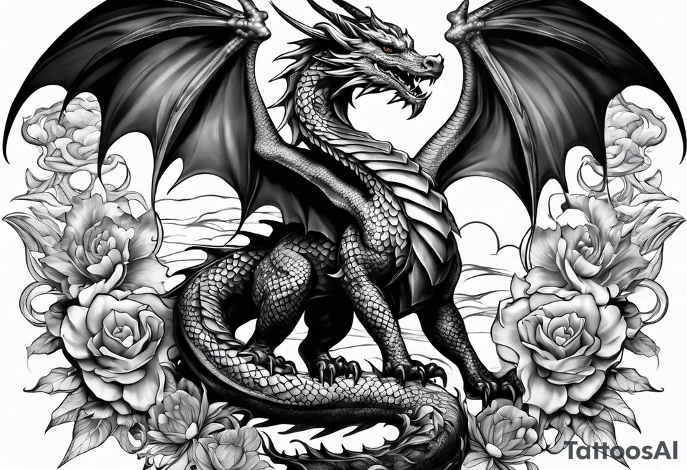 fairy and a dragon in the background tattoo idea