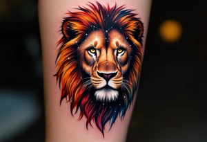 The lion’s silhouette is painted in fiery reds and oranges, with the Leo star constellation mapped across its chest in white. tattoo idea