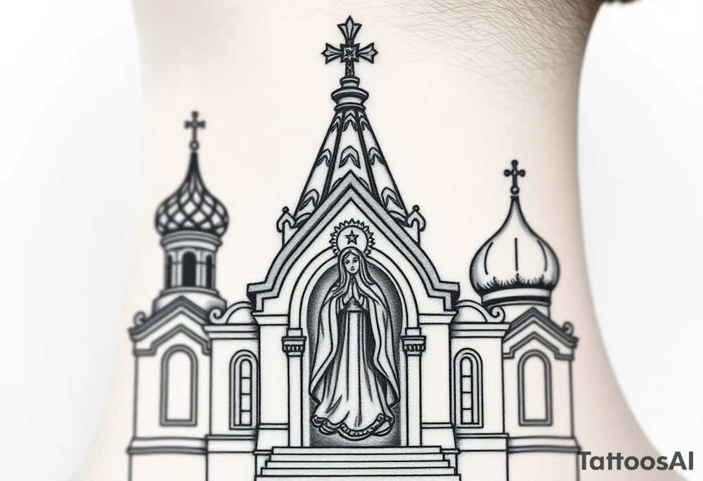 Flowing Scene

A onion domes orthodox church
Virgin Mary in prayer pose on the front doors of the russian orthodox church 
A small double headed russian coat of arms eagle or just the star tucked above the dome near the hairline tattoo idea