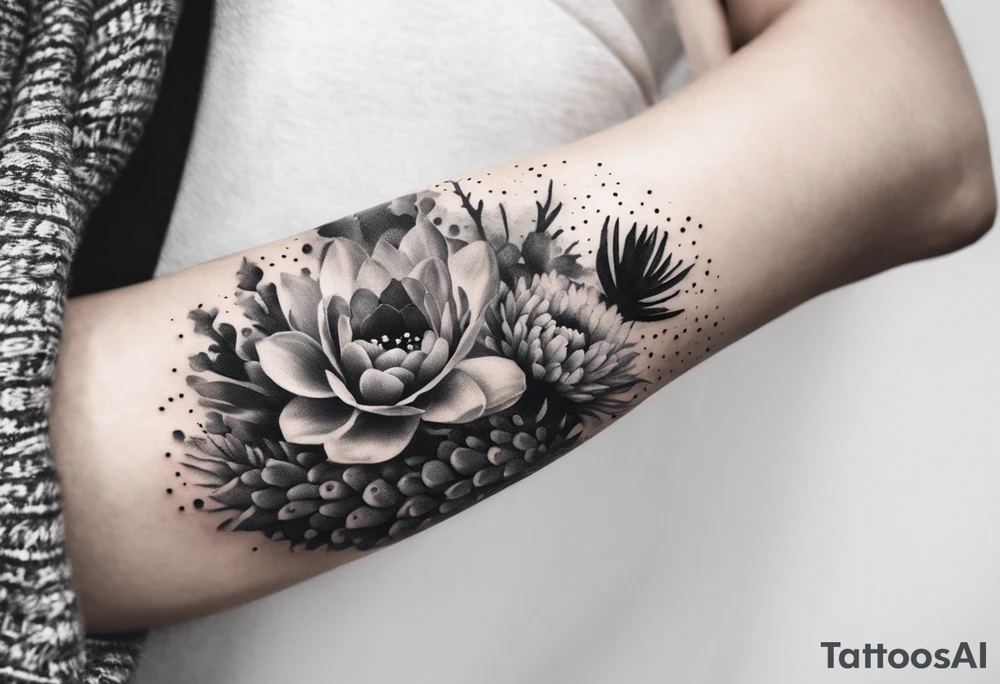 Forearm sleeve with cactus, daisies, and greenery tattoo idea