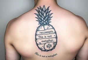 "Pineapple cross-section tattoo: slices are receipts with 'This is not a metaphor'. Black ink, surrealism." tattoo idea