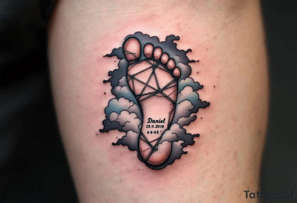Tiny footprint with the name "Daniel" and 23.1.2019 v 4:45, surrounded by gray and light blue clouds. tattoo idea