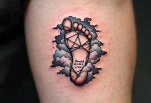 Tiny footprint with the name "Daniel" and 23.1.2019 v 4:45, surrounded by gray and light blue clouds. tattoo idea