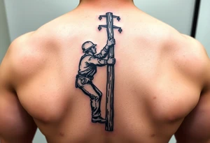 realistic tattoo of a power lineman climbing a wooden pole tattoo idea