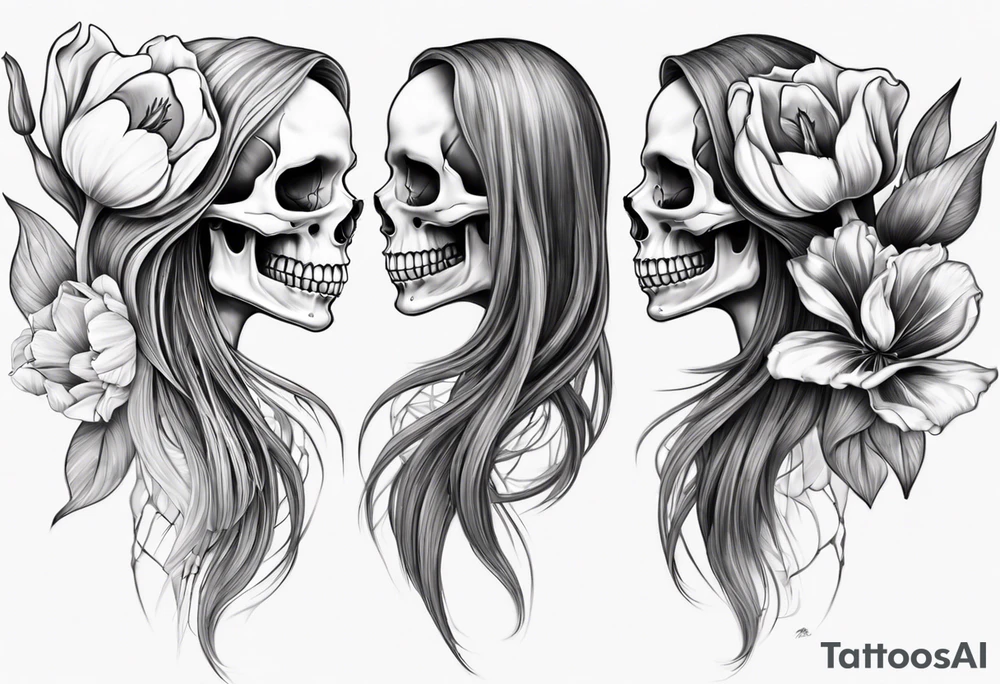 sideview of smiling female skull with long hair, one decayed tulip, one perfect tulip and one tulip bud tattoo idea