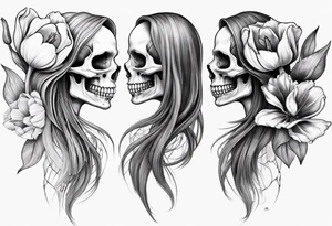 sideview of smiling female skull with long hair, one decayed tulip, one perfect tulip and one tulip bud tattoo idea