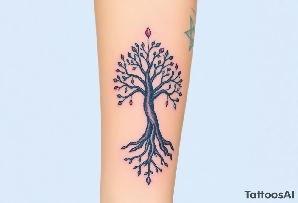 mystical tree of life with cosmic roots and celestial branches tattoo idea