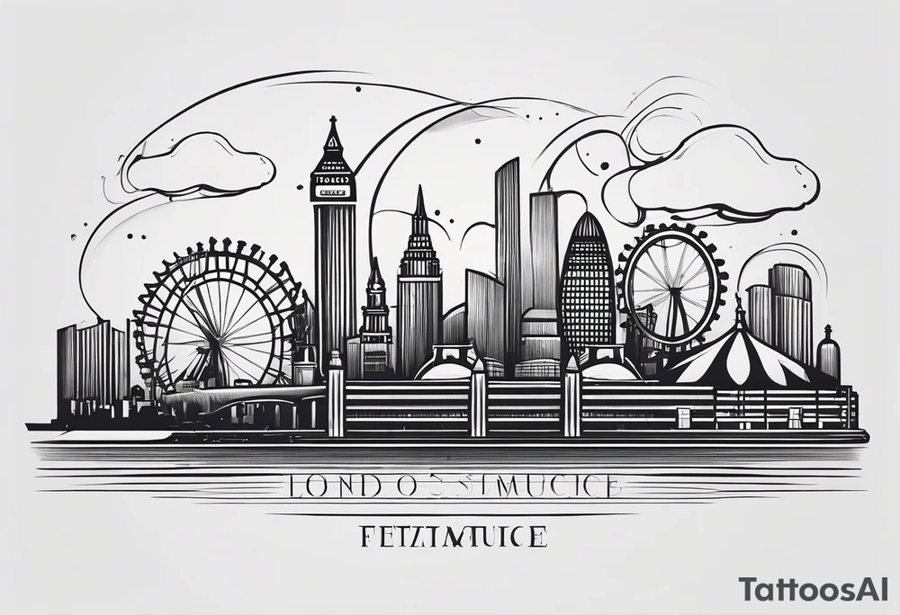 A minimalistic, abstract design capturing the architectural essence and vibe of London. Key elements of London’s skyline and structure are hinted at with clean lines, and subtle detailing includes personal touches, like a nod to Feid’s signature look (hat, glasses, mustache), integrated discreetly to honor a memorable concert experience. tattoo idea