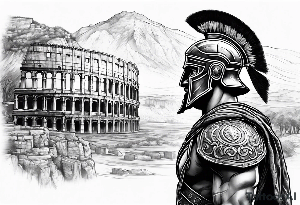 Side profile Spartan Solider ancient roman city in background tattoo idea Side profile Spartan Solider ancient roman city in background tattoo idea
