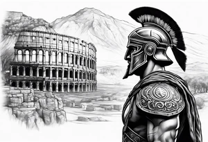 Side profile Spartan Solider ancient roman city in background tattoo idea