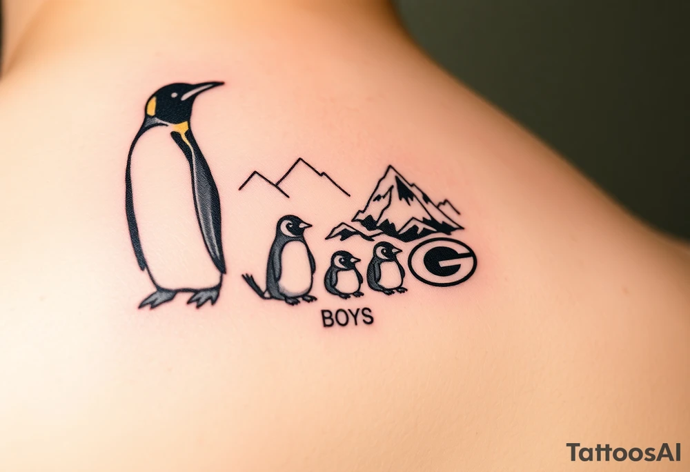compilation outlining important things in my life such as one adult emperor penguin and 3 baby penguins, celtic trinity knot, mountains/nature, the green bay packers, and something to represent my 3 boys tattoo idea