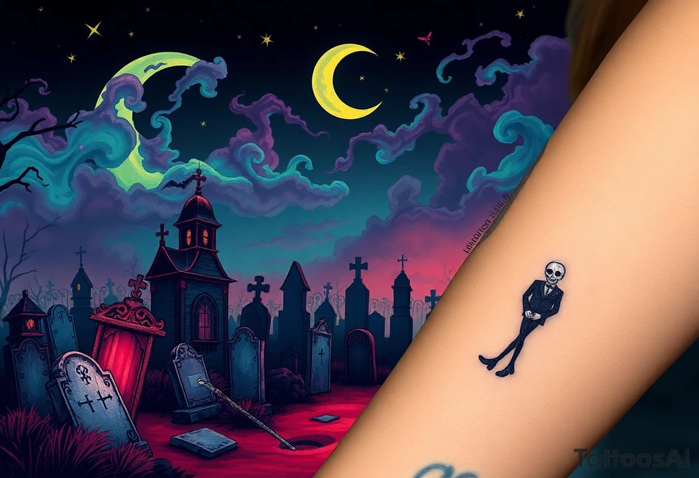 Tim Burton’s haunted victorian graveyard is abandoned and dripping with muted reds, dusty pinks, and eerie green glow.purple and cyan smokey clouds swirl in the crescent moonlit sky thats sprinkled with stars tattoo idea tattoo idea