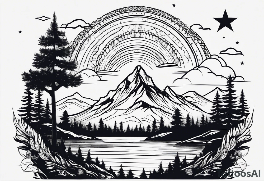 3 stars above a mountain. Waves underneath, trees to the sides tattoo idea