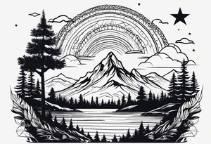 3 stars above a mountain. Waves underneath, trees to the sides tattoo idea