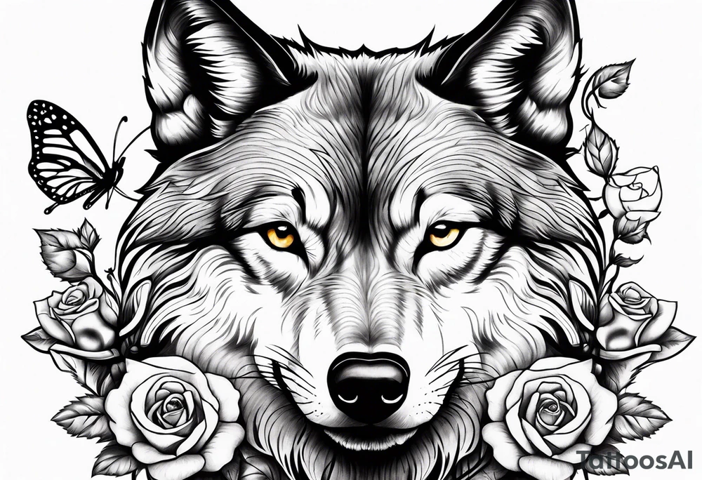 Wolf and rose and butterfly tattoo idea