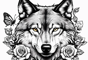 Wolf and rose and butterfly tattoo idea