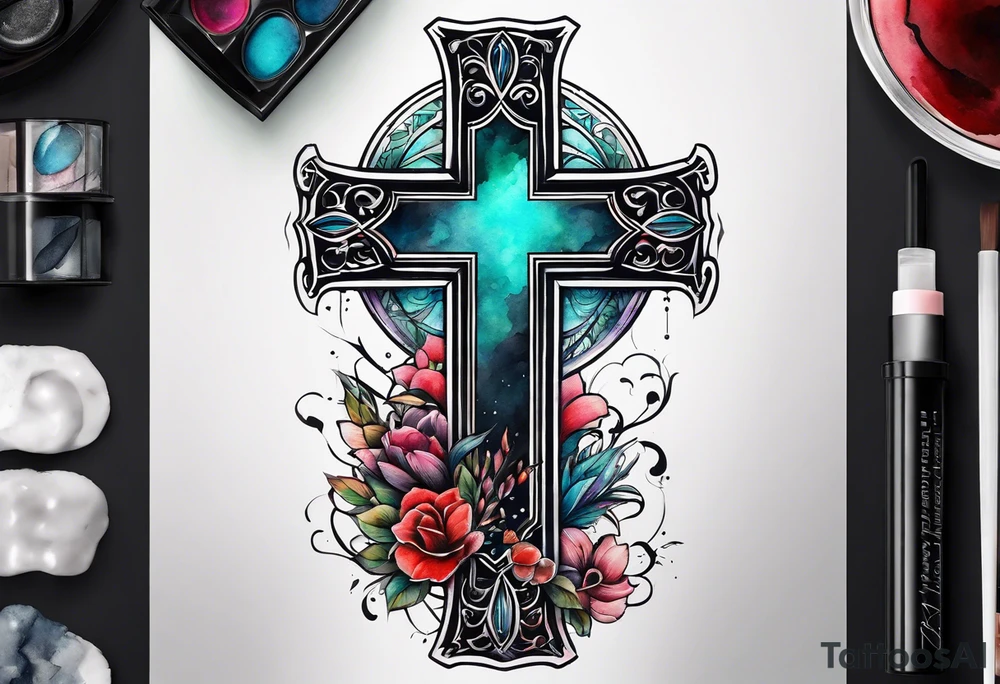 cross with watercolor backgound tattoo idea