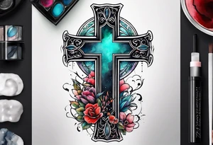 cross with watercolor backgound tattoo idea