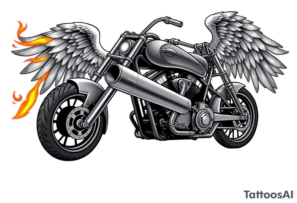 Low rider grey motorcycle, big muffler pipes with flames, angel wings, driving away, no person tattoo idea