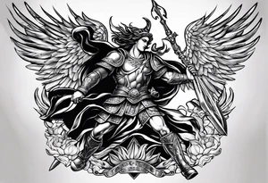 Arm sleeve of St Michael killing the devil with a spear tattoo idea