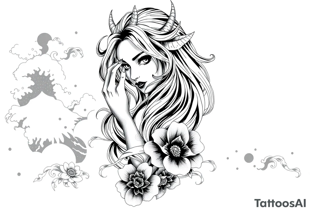 Full sleeve Japanese-inspired tattoo design featuring a beautiful female oni (demon woman) with an elegant, mysterious expression, one hand partially covering her face, long flowing hair integrated into swirling wind and wave patterns, large detailed chrysanthemums and peonies woven through the composition, dynamic negative space with bold black fills and smooth gradients, traditional Japanese cloud and water motifs, high-contrast black and grey with soft shading and sharp linework, balanced composition wrapping around the arm, modern neo-Japanese illustrative style.

– High contrast black and grey
– Neo-Japanese tattoo
– Traditional Japanese motifs
– Sleeve layout design
– Chrysanthemums, peonies, wind bars, waves
– Female oni portrait tattoo idea