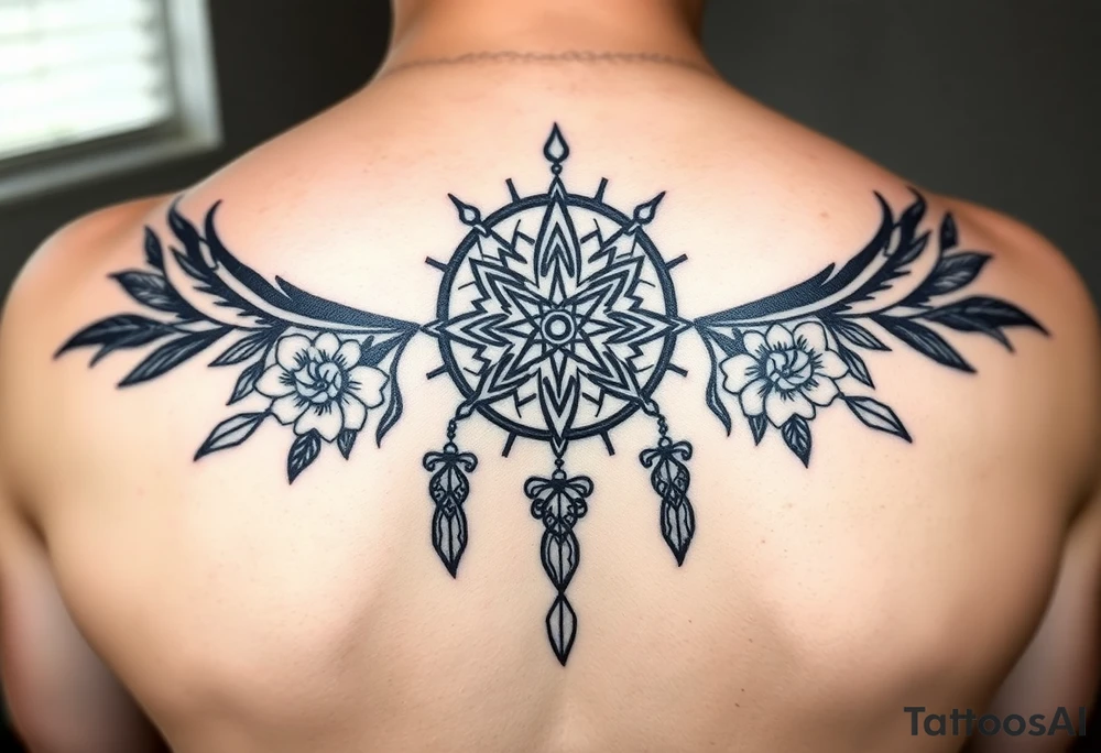 Boho dream catcher with gothic compass and hourglass. Beautiful flowers and an ornamental chandelier like look tattoo idea