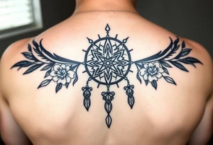 Boho dream catcher with gothic compass and hourglass. Beautiful flowers and an ornamental chandelier like look tattoo idea