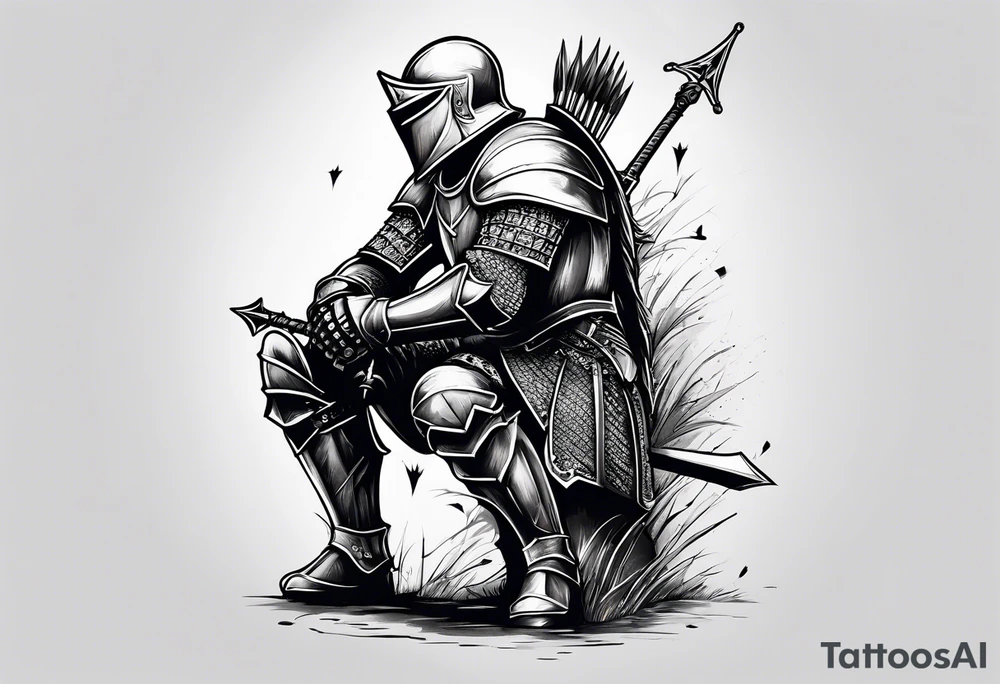 Side profile of a wounded knight on his knees with five arrows in his back tattoo idea