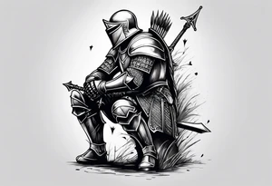 Side profile of a wounded knight on his knees with five arrows in his back tattoo idea