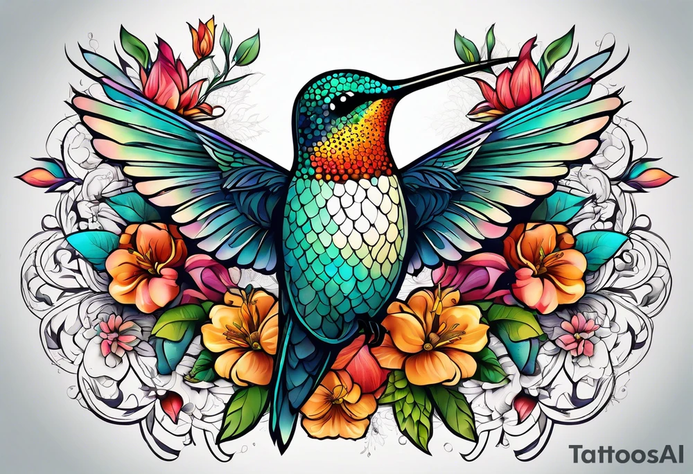 botanical, flowers, colorful, different, hummingbird, dot, mandala background tattoo idea