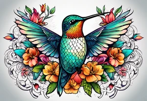 botanical, flowers, colorful, different, hummingbird, dot, mandala background tattoo idea