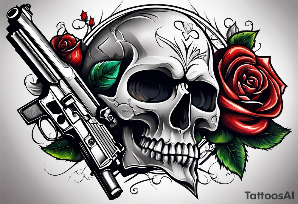 skull with a gun a  rose and a heart tattoo idea