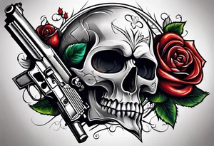 skull with a gun a  rose and a heart tattoo idea
