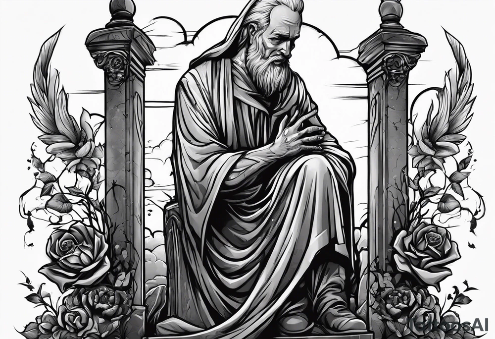 Man emerging from grave. 
MIW Reincarnate written on gravestone tattoo idea