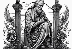 Man emerging from grave. 
MIW Reincarnate written on gravestone tattoo idea